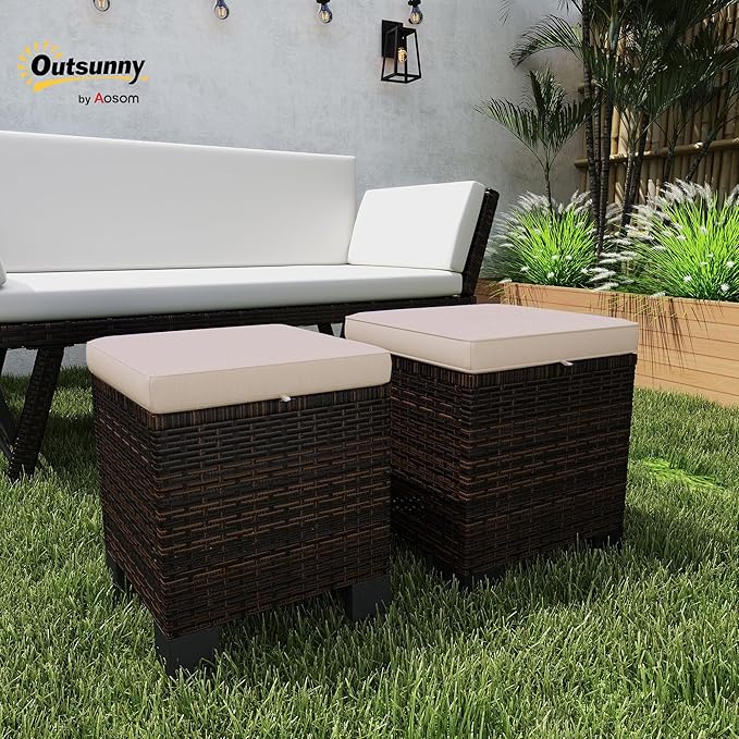 Outsunny 2 Pieces Outdoor Patio Ottomans, All Weather Wicker Outdoor Footstools with Removable Cushions, 3-in-1 PE Rattan Ottoman Seat, Footrest and Side Table for Backyard, Poolside, Cream White