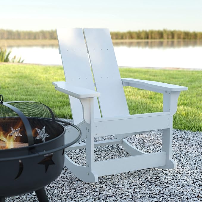 EMMA + OLIVER Harmon Adirondack Rocking Chair - White Poly Resin - Suitable for Indoor/Outdoor Use - All Weather Materials - Easy Assembly - 350 lb. Weight Capacity