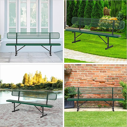 8FT Park Benches for Outside, Garden Benches Weatherproof with Backrest - Heavy-Duty Metal Bench for Patio Porch Backyard School Sports Church Locker Room Bench Commercial-Grade Seating Green