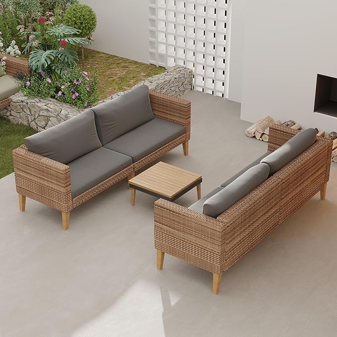 WiberWi Outdoor Couch, All Weather Patio Sofa with Acacia Wood Legs, PE Wicker Outdoor Furniture Deep Seating - Photo 3