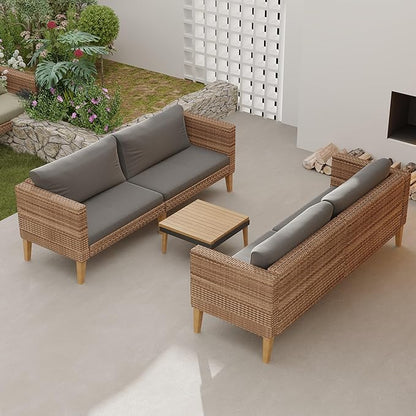 WiberWi Outdoor Couch, All Weather Patio Sofa with Acacia Wood Legs, PE Wicker Outdoor Furniture Deep Seating, Rattan Loveseat for Garden, Backyard, Balcony and Porch, Grey