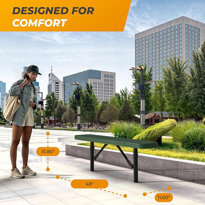 Heavy-Duty Outdoor Metal Bench, Thermoplastic-Coated, Inground, Weatherproof, Commercial-Grade for Parks, Gardens, Patios, Stores & More (4 Ft - Inground, Green)
