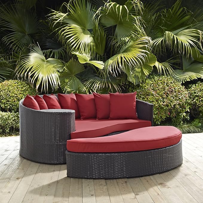Modway Convene Wicker Rattan Outdoor Patio Poolside Sectional Sofa Daybed with Cushions in Espresso Red