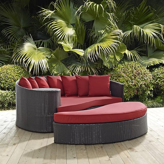 Modway Convene Wicker Rattan Outdoor Patio Poolside Sectional Sofa Daybed with Cushions in Espresso Red