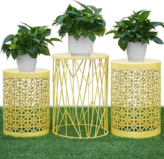 Y&M Set of 3 Yellow Round Nesting Tables, Multifunctional Coffee Table End Table, Side Table for Indoor, Outdoor Garden Stool-Yellow(Ship from US)