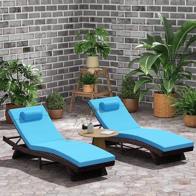 Outdoor Lounge Chairs Set of 2,Wicker Chaise Lounge Chair Pool Chaise Lounge,Patio Lounge Chair with Adjustable Backrest Arm Cushion for Poolside
