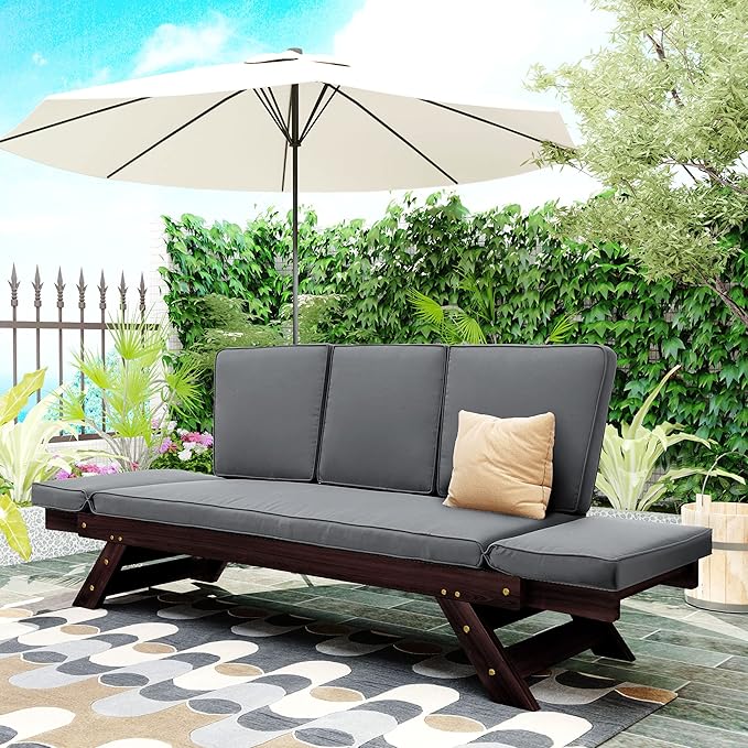 Merax Patio Sofa, Outdoor Adjustable Wooden Daybed, Chaise Lounge with Cushions, Brown+Gray