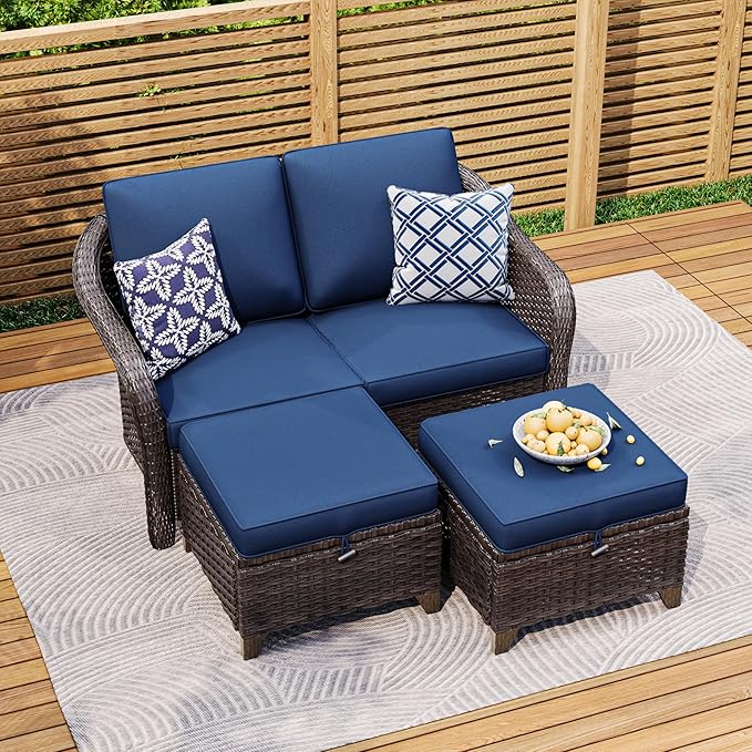3 Pieces Patio sectional Sofa Set, Outdoor Conversation Furniture Set, 55" Patio Couch with 2 Ottomans, Rattan Wicker Sofa with Removable Cushions for Bistro, Deck (Navy Blue)