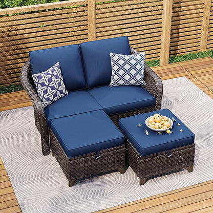 3 Pieces Patio sectional Sofa Set, Outdoor Conversation Furniture Set, 55" Patio Couch with 2 Ottomans, Rattan Wicker Sofa with Removable Cushions for Bistro, Deck (Navy Blue)