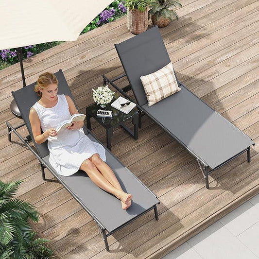 Amopatio Foldable Patio Lounge Chairs Outdoor Portable Pool Chaise Lounge Set of 2 with Side Table for Outside, Weather Resistant, 5-Position Adjustable Backrest, 400 LBS Capacity,Gray