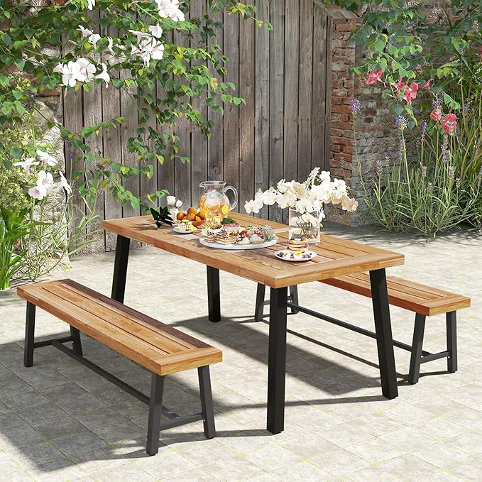 RELAX4LIFE 63’’ Outdoor Bench Acacia Wood - 3-Person Backless Patio Benches with Heavy Duty Metal Frame, Wooden Picnic Dining Garden Bench for Outside Backyard Park Porch, 800 LBS Weight Capacity (2)