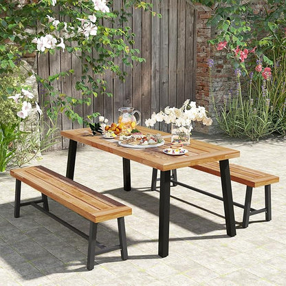Outdoor Bench Garden Bench, 63" Backless Acacia Wood Bench with Heavy-Duty Metal Legs, Patio Dining Bench Front Porch Benches for Outside, Yard & Garden