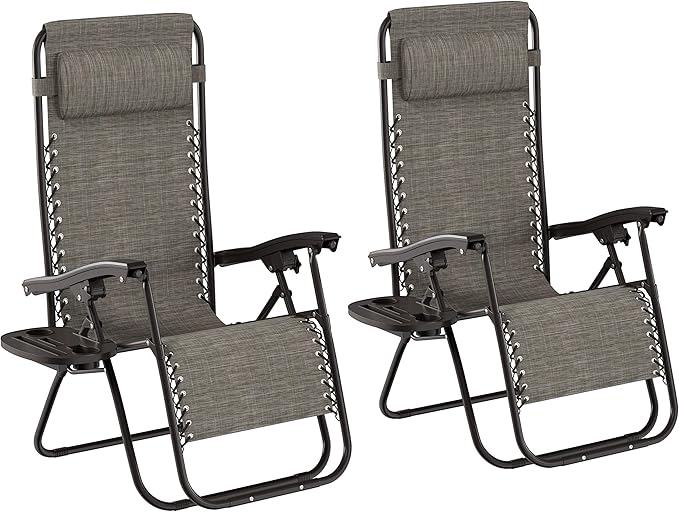 Lavish Home Zero Gravity Lounge Chairs- Set of 2- Gray Folding Anti-Gravity Recliners- Side Table, Cup Holder & Pillow-for Outdoor Lounging