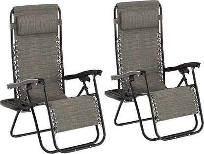 Lavish Home Zero Gravity Lounge Chairs- Set of 2- Gray Folding Anti-Gravity Recliners- Side Table, Cup Holder & Pillow-for Outdoor Lounging