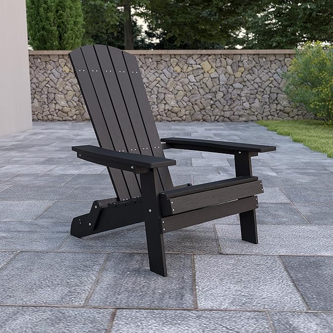 Flash Furniture Charlestown Commercial Folding Adirondack Chair - Black - Poly Resin - Indoor/Outdoor - Weather Resistant