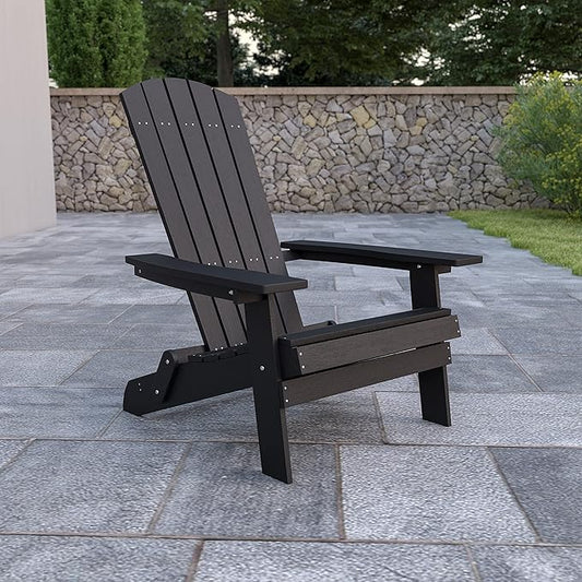Flash Furniture Charlestown Commercial Folding Adirondack Chair - Black - Poly Resin - Indoor/Outdoor - Weather Resistant
