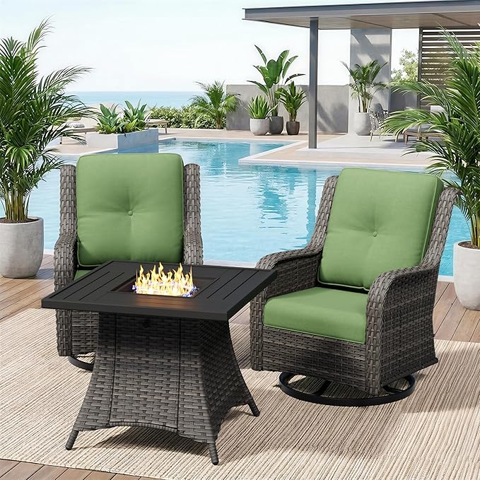 3 Pieces Outdoor Wicker Patio Furniture Set with Fire Pit Table, Swivel Rocker Patio Chairs Set with Thickened Cushions - Photo 9
