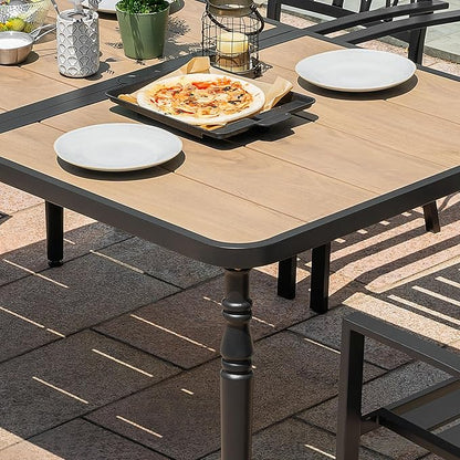 NUU GARDEN 37" Square Outdoor Dining Table, Metal Dining Table with Umbrella Hole, Wood-Grain Tabletop, Weather-Resistant for Garden, Backyard, Deck, Lawn
