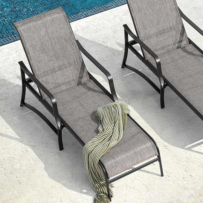 NUU GARDEN Textilene Metal Outdoor Lounge Chairs Set of 2, Adjustable 5-Position Recliner, All-Weather Patio Chaise for Pool, Backyard, Lawn, Beach, Sunbathing–Black Brown