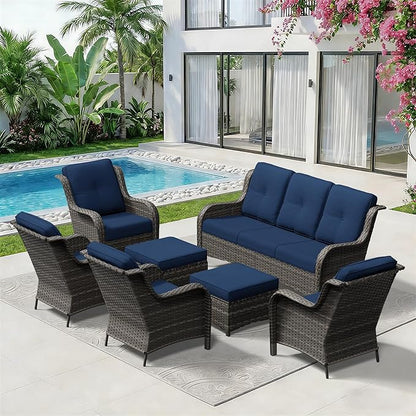 7 Piece Outdoor Wicker Patio Furniture Set, Patio Chairs Set with Thickened Olefin Cushions, High Back and Deep Seating, Hand-Woven PE Rattan, Ottoman for Porch, Deck