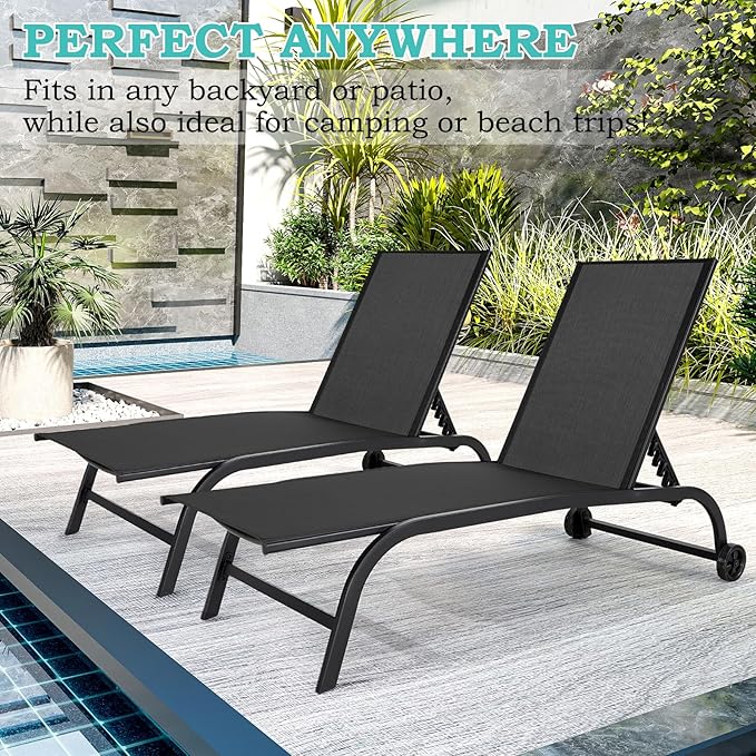 EROMMY Patio Chaise Lounge Chair Set of 2 with Table, Adjustable Backrest & Wheels, Oversized 26" W Outdoor Poolside Recliners for Garden, Deck, Lawn, Backyard
