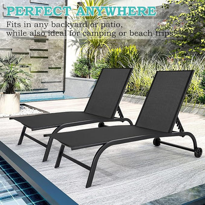 EROMMY Patio Chaise Lounge Chair Set of 2 with Table, Adjustable Backrest & Wheels, Oversized 26" W Outdoor Poolside Recliners for Garden, Deck, Lawn, Backyard