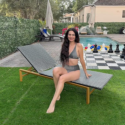 PURPLE LEAF Patio Chaise Lounge French Outdoor Lounger 1 Piece Wood-Grain Finish Aluminum Wicker Lounge Chair with Adjustable Backrest for Pool Garden Beach and Backyard White and Black