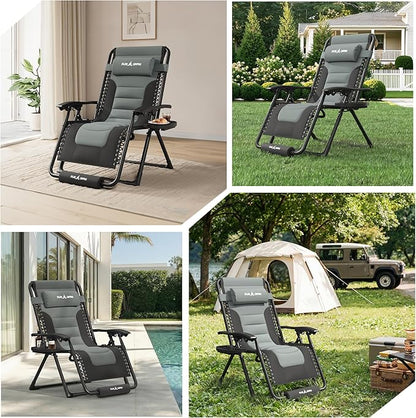 Amopatio Oversized Zero Gravity Chair XL Folding Outdoor Lounge Reclining Patio Chair with Tray/Footrest/Headrest for Camping Sunbathing Relaxing Reading，Support 500LBS