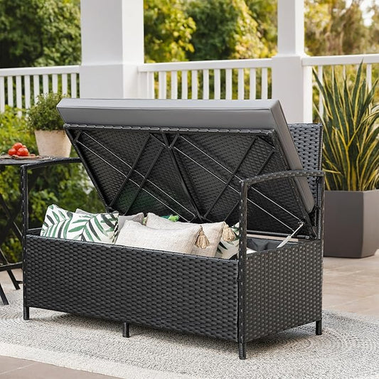 Flamaker Patio Loveseat Wicker Outdoor Furniture, All Weather Rattan Conversation Bench Chair with Large Storage Capacity and Cushions for Backyard, Outside Patio Porch (Black)