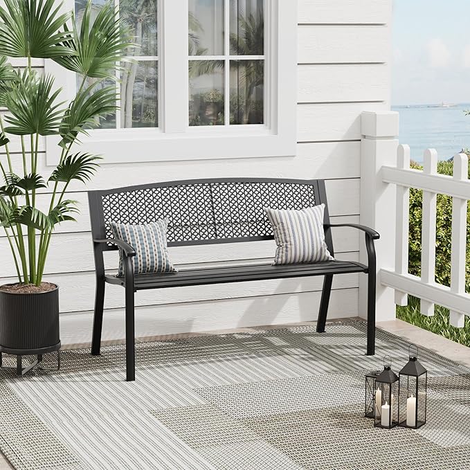 Outdoor Bench, 50 inches Metal Garden Bench, Cast Iron Steel Frame Patio Chairs w/Oval Pattern Backrest for Park, Yard, Porch, Lawn, Balcony, Backyard, Black