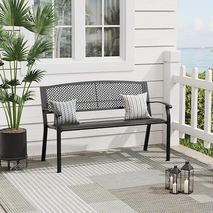 Outdoor Bench, 50 inches Metal Garden Bench, Cast Iron Steel Frame Patio Chairs w/Oval Pattern Backrest for Park, Yard, Porch, Lawn, Balcony, Backyard, Black