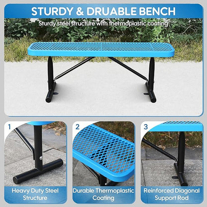 4FT Metal Park Bench for Outside, All-Weather Thermoplastic Coating Outdoor Bench with Anchor, Commercial Heavy Duty Benches for Shopping Malls, Stores, Parks, Patios, Decks, Blue