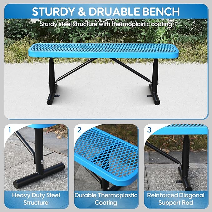 6FT Metal Park Bench for Outside, All-Weather Thermoplastic Coating Outdoor Bench with Anchor, Commercial Heavy Duty Benches for Shopping Malls, Stores, Parks, Patios, Decks, Blue