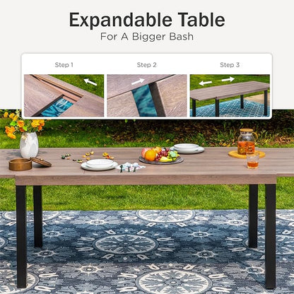 PHI VILLA Outdoor Metal Expandable Dining Table, Wood-Like Wrought Iron Extendable Table for 6-8 Person, Heavy-Duty Large Rectangular Table Furniture for Patio, Deck, Backyard, Porch