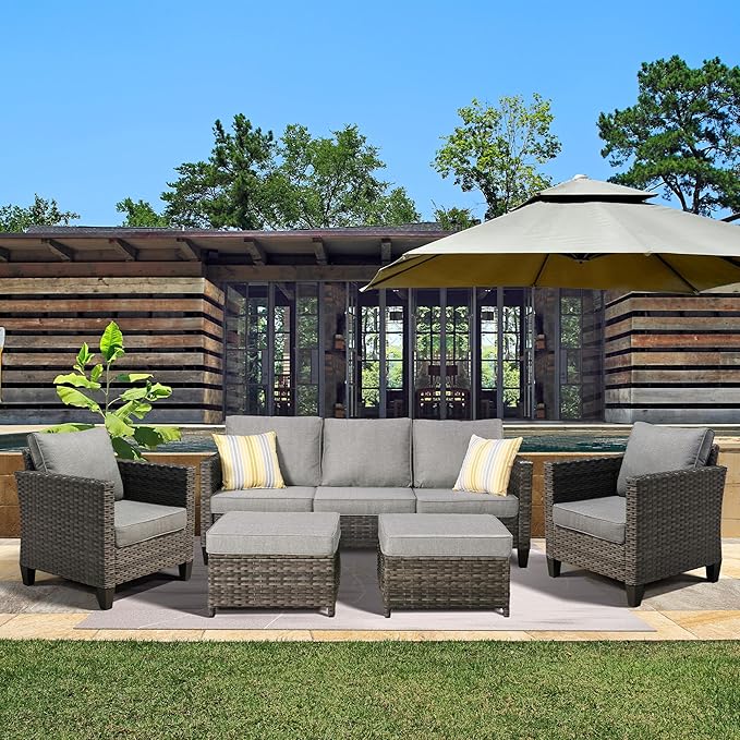 ovios Patio Furniture Set, 5 Pieces Outdoor Wicker Sofa Couch with Ottomans Comfy Cushions - Photo 1