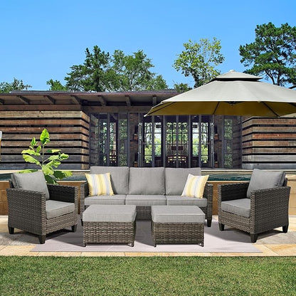 ovios Patio Furniture Set, 5 Pieces Outdoor Wicker Sofa Couch with Ottomans Comfy Cushions, All Weather High Back Rattan Conversation Set for Backyard Porch, Dark Grey