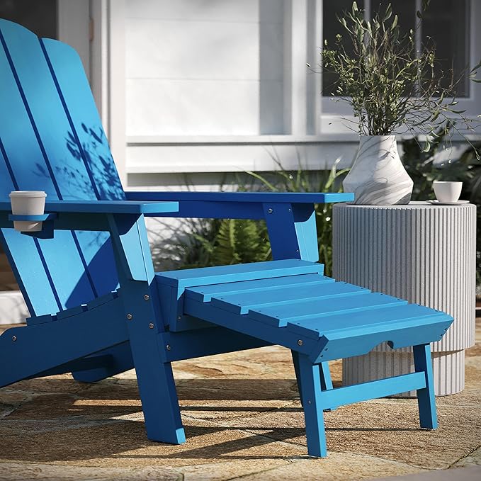 Taylor & Logan Hedley Adirondack Chair with Cup Holder and Pull Out Ottoman, All-Weather HDPE Indoor/Outdoor Lounge Chair in Blue, Set of 2