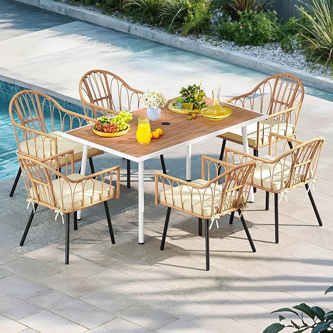 DWVO Outdoor Patio Dining Table Rectangular for 6, PE Rattan and Wood Finish Patio Table 59.1" L with Umbrella Hole - Photo 5
