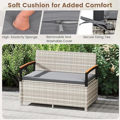 RELAX4LIFE Wicker Outdoor Storage Bench, Rattan Deck Box w/Protective Liner for Patio Furniture Pillows & Garden Tools, Porch Loveseat with Seat Cushion, Acacia Wood Armrests (Grey)