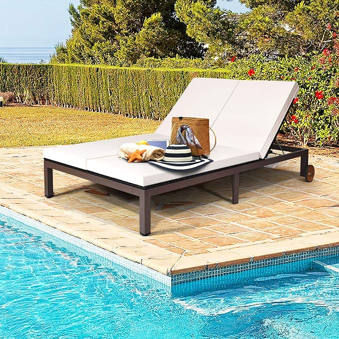 DORTALA 2-Person Patio Rattan Recliner Chair W/Wheels & Cushion - Photo 1