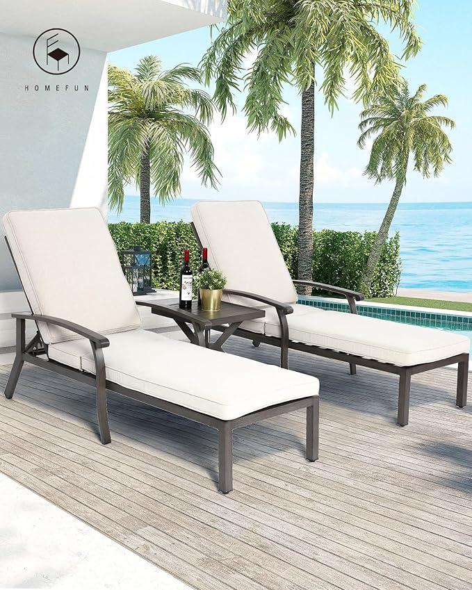 HOMEFUN Outdoor Chaise Lounge Chair 3-Piece Set, Hand-Brushed Wood Grain Cast Aluminum Recliners with Side Table - Photo 7