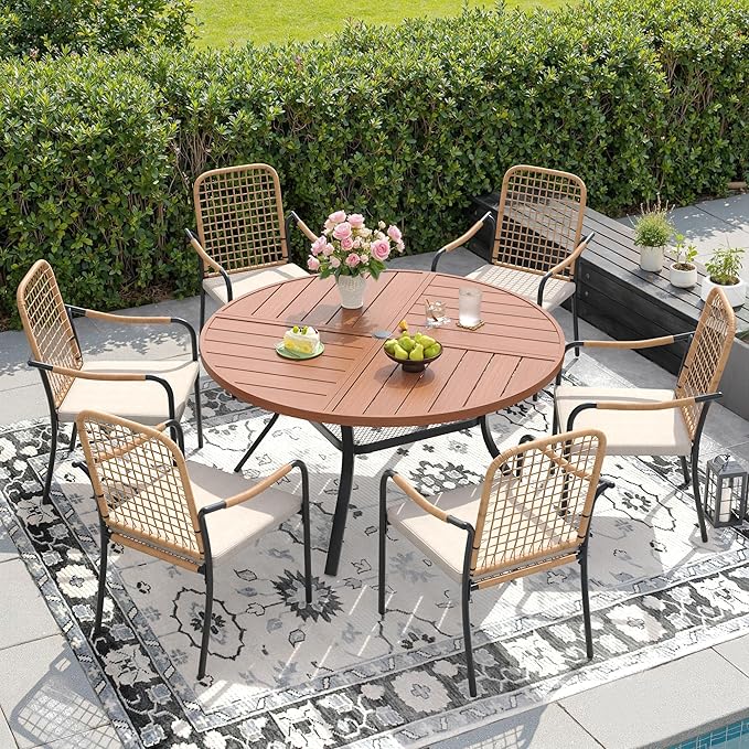 DIFY 47.2" Round Outdoor Patio Dining Table for 6, Metal Patio Table with 1.57" Adjustable Umbrella Hole, All-Weather Outdoor Furniture Table for Garden Backyard Deck, Walnut