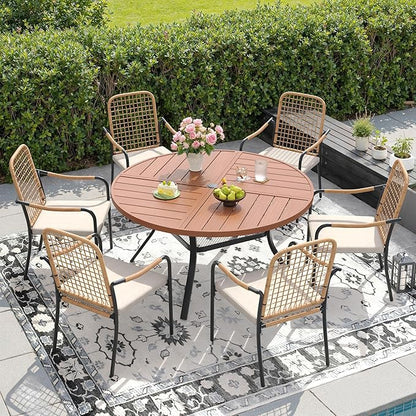 DIFY 47.2" Round Outdoor Patio Dining Table for 6, Metal Patio Table with 1.57" Adjustable Umbrella Hole, All-Weather Outdoor Furniture Table for Garden Backyard Deck, Walnut