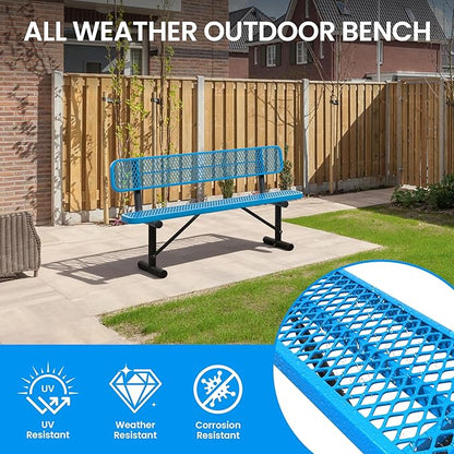 6 FT Steel Park Bench for Outside, Outdoor Bench with Backrest & Portable Frame, Thermoplastic Coating, Commercial Benches for Shopping Mall, Store, Park, Patio, Deck, Blue