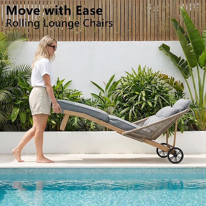 Patio Chaise Lounge Chairs, Oversized Lounge Chair Outdoor with Cushions, Patio Lounger Chairs with Wheels, All Weather Pool Chairs, Wicker Outdoor Chaise Lounge Chairs for Outside/Deck, Grey