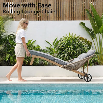 Patio Chaise Lounge Chairs, Oversized Lounge Chair Outdoor with Cushions, Patio Lounger Chairs with Wheels, All Weather Pool Chairs, Wicker Outdoor Chaise Lounge Chairs for Outside/Deck, Grey