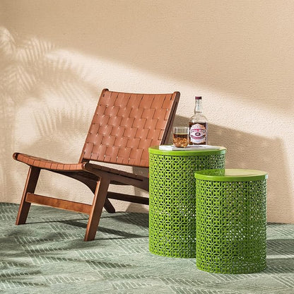 Glitzhome Outdoor Side Table Set of 2, Decorative Garden Stool for Patio Heavy Duty Metal Frame Accent Table Modern End Table, Glossy Green