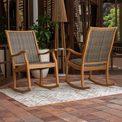 Cambridge Casual Dunham Teak Porch Rocking Chair, Padded Woven Seat, All-Weather Teak Wood Outdoor Rocker with Built-in Quick Dry Cushion and Poly-Rattan Wicker Accents