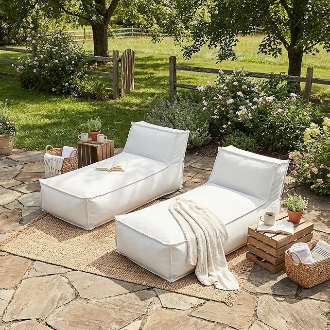 Merax Outdoor Bean Bag Lounge Chairs Set of 2, 61" Outdoor Chaise Lounger Chair with Foam Filled, Cozy Outdoor Bean Bag Couch for Patio Pool Desk, Water-Resistant Fabric Sun Lounger Chair, Light Grey