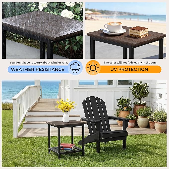 2-Tier Outdoor Side Table with Storage, Weather Resistant Patio End Table, HDPS Small Accent Table for Deck, Garden, Pool, Backyard, Brown